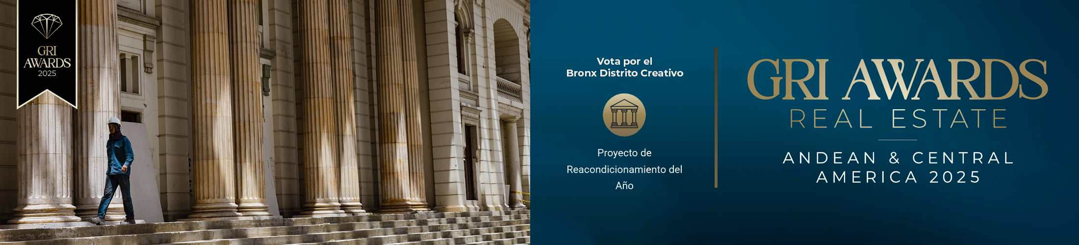 Banner para votar por el Bronx Distrito Creativo en un concurso llamado GRI Awards Real Estate 2025