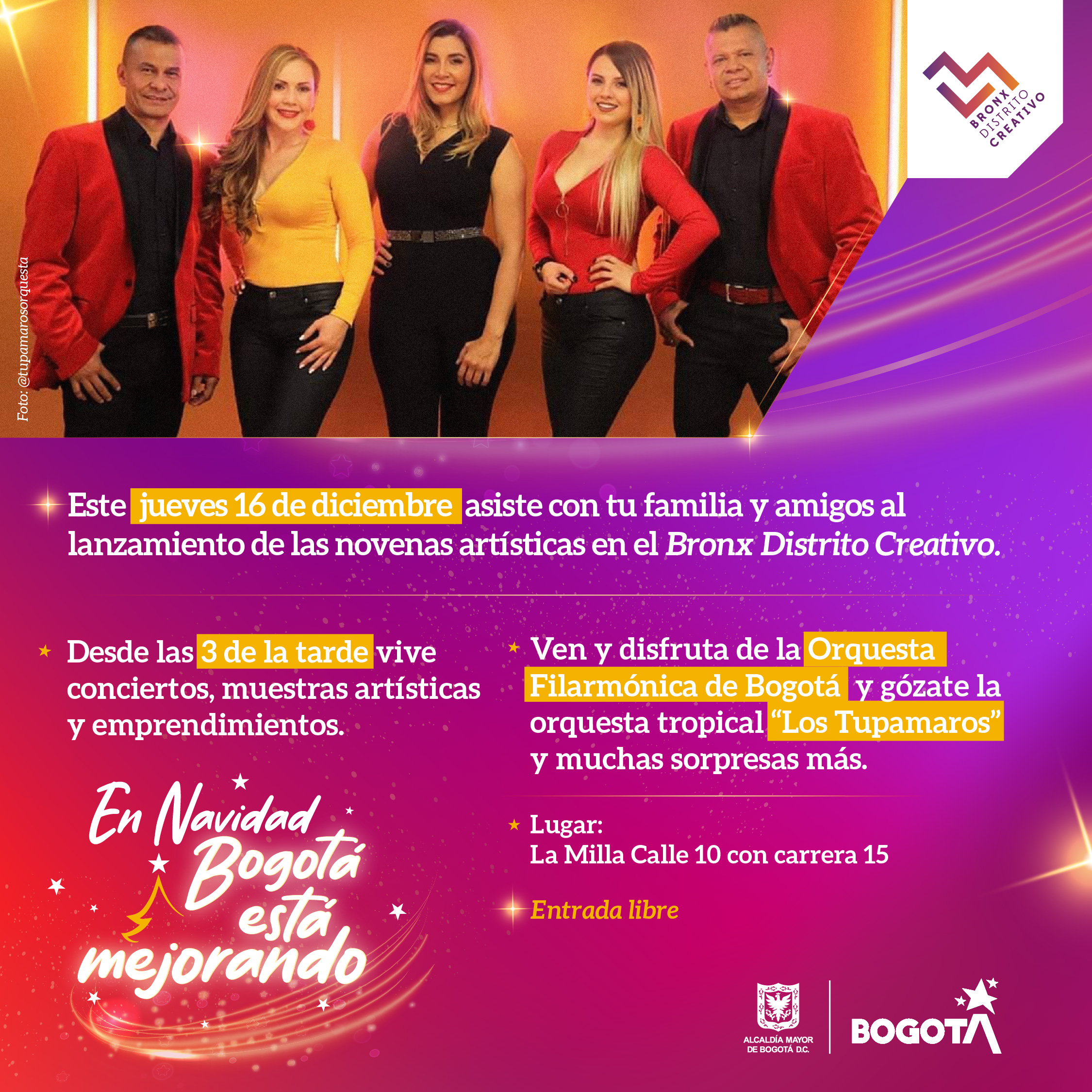 Lanzamiento de novenas artísticas el jueves 16 de diciembre con Los Tupamaros, la Orquesta Filarmónica de Bogotá y más actividades